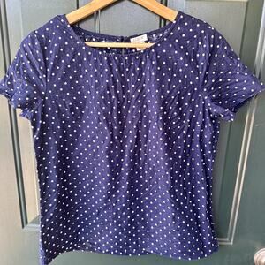 J. Crew Factory Sz XS Navy Cotton Blouse with White Polka Dots Nautical Preppy